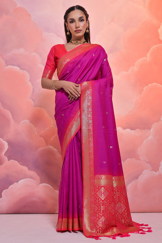 Magenta Art Silk Fabric Weaving Work Saree