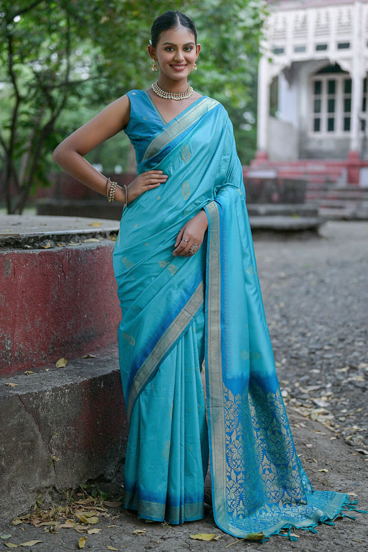 Cyan Art Silk Fabric Weaving Work Saree