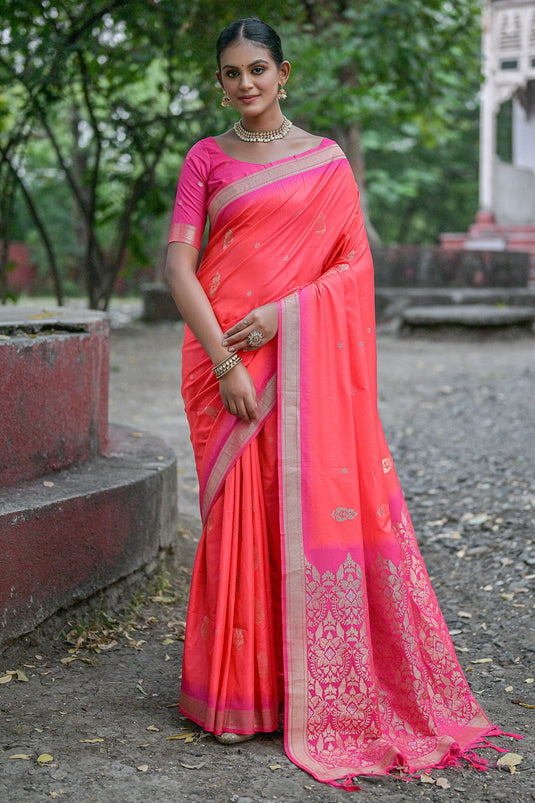 Art Silk Fabric Weaving Work Saree In Peach Color