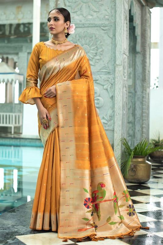 Art Silk Fabric Yellow Color Weaving Work Elegant Saree