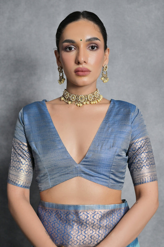 Tussar Silk Zari Weaving Border Work Saree In Blue Color