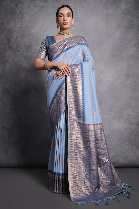 Tussar Silk Zari Weaving Border Work Saree In Blue Color