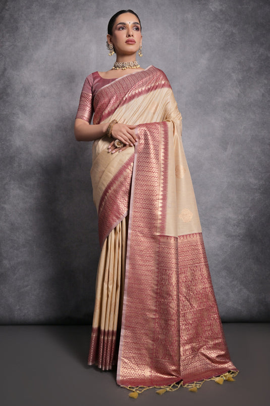 Beige Color Zari Weaving Border Work Designer Tussar Silk Saree