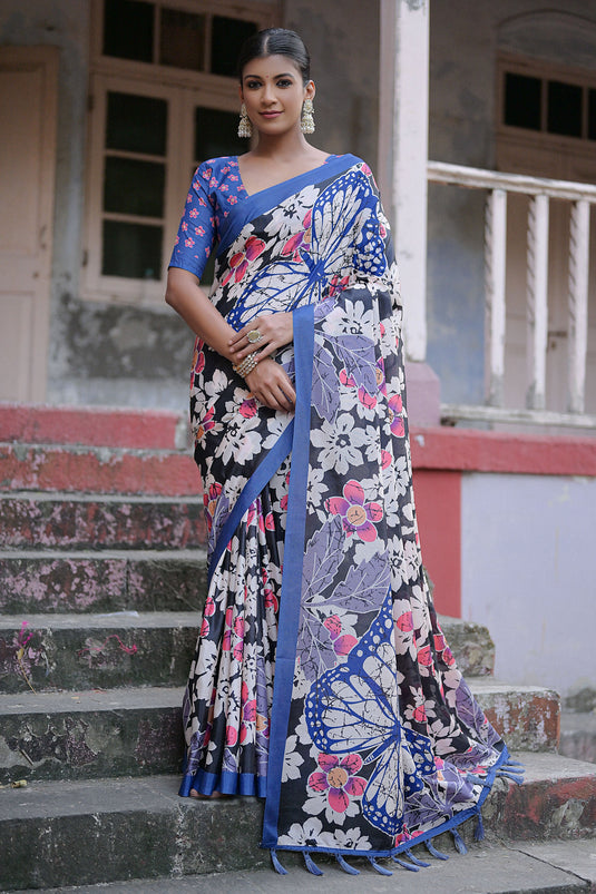 Cotton Silk Fabric Floral Printed Saree In Black Color