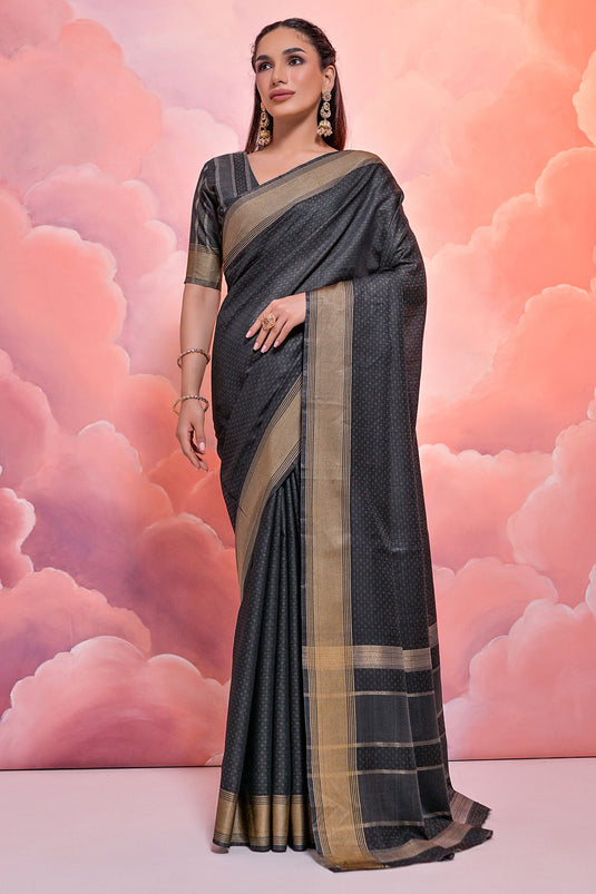 Black Color Zari Woven Border Casual Cotton Fabric Saree