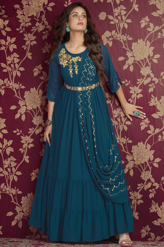 Faded Teal Color Embroidered Readymade Party Style Gown