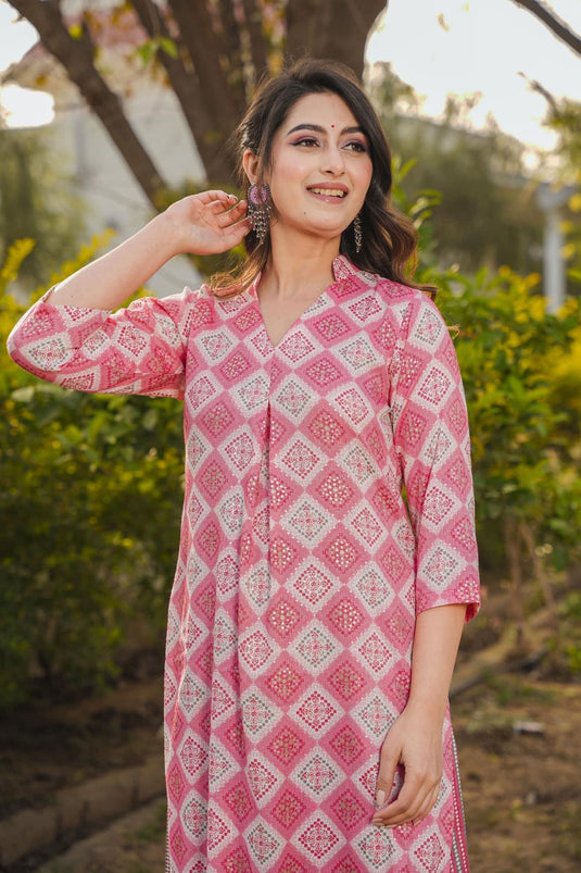 Pink Color Enthralling Digital Printed Work Kurti Readymade With Bottom In Rayon Fabric