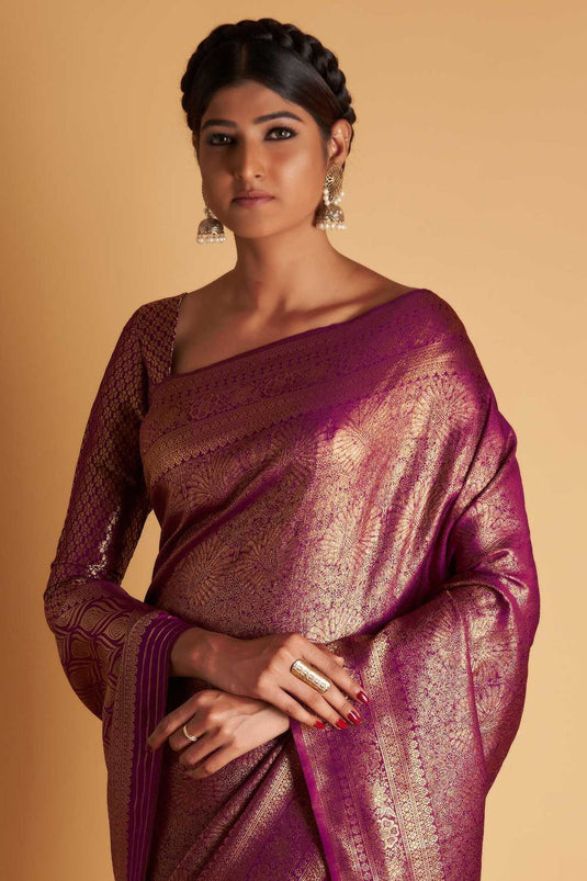 Sangeet Wear Purple Color Two Tone Kanjivaram Silk Fabric Weaving Work Saree