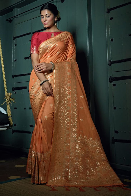 Incredible Banarasi Silk Fabric Peach Color Function Style Saree