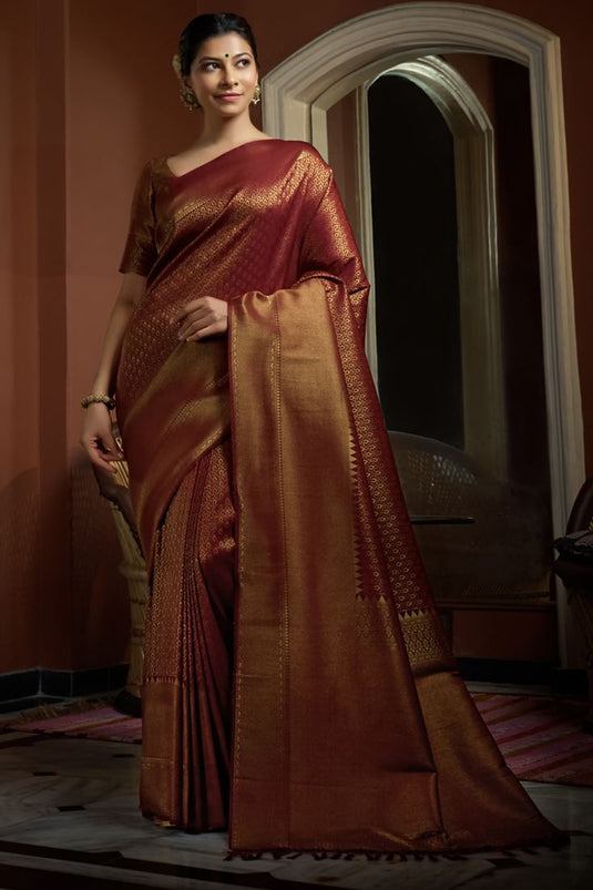 Maroon Color Admirable Kanjivaram Silk Weaving Designs Two Tone Saree