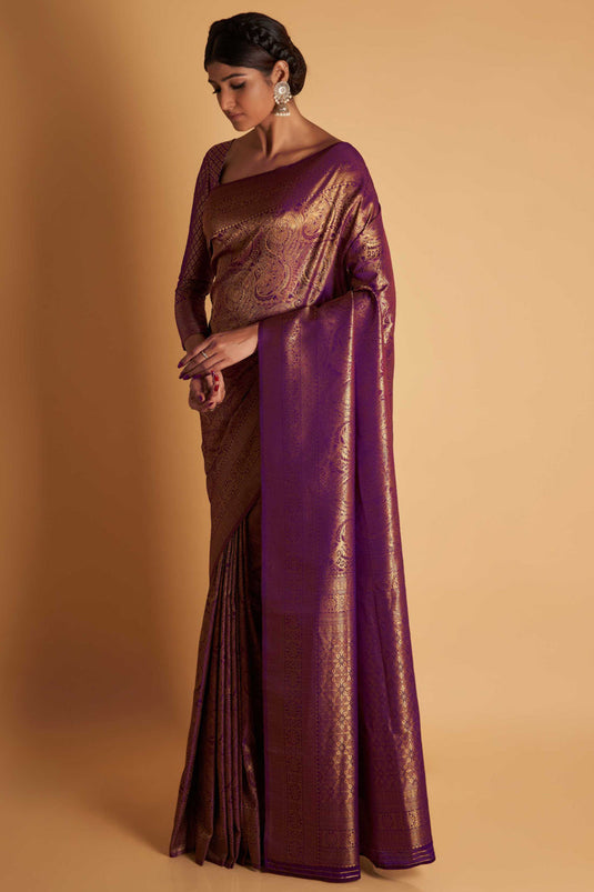 Purple Color Two Tone Kanjivaram Silk Fabric Weaving Work Saree