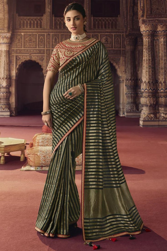 Amazing Dark Green Color Viscose Fabric Saree With Embroiderd Work