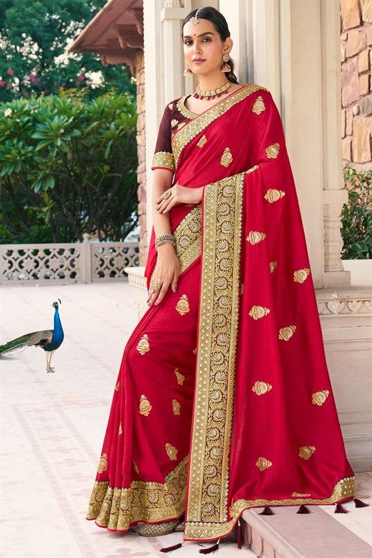 Art Silk Fabric Red Color Embroidery Border Work Traditional Saree