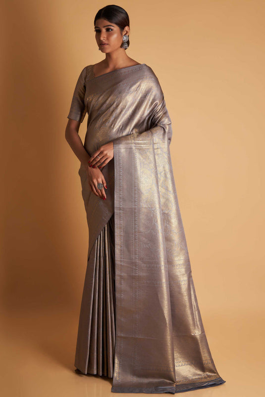 Grey Color Reception Wear Two Tone Kanjivaram Silk Fabric Weaving Work Saree