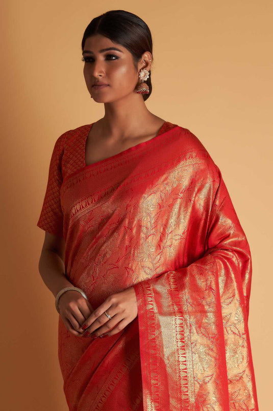 Red Color Reception Wear Weaving Work Two Tone Kanjivaram Silk Fabric Saree