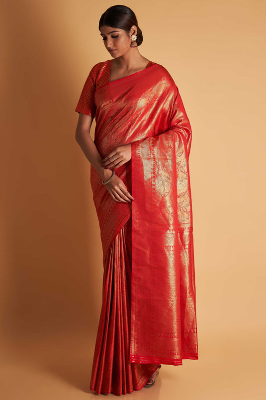 Red Color Reception Wear Weaving Work Two Tone Kanjivaram Silk Fabric Saree