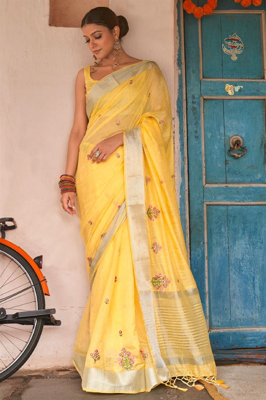 Yellow Color Festive Look Awesome Linen Saree