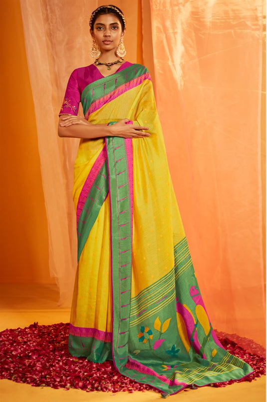 Heavy Printed Work On Yellow Color Brasso Silk Saree