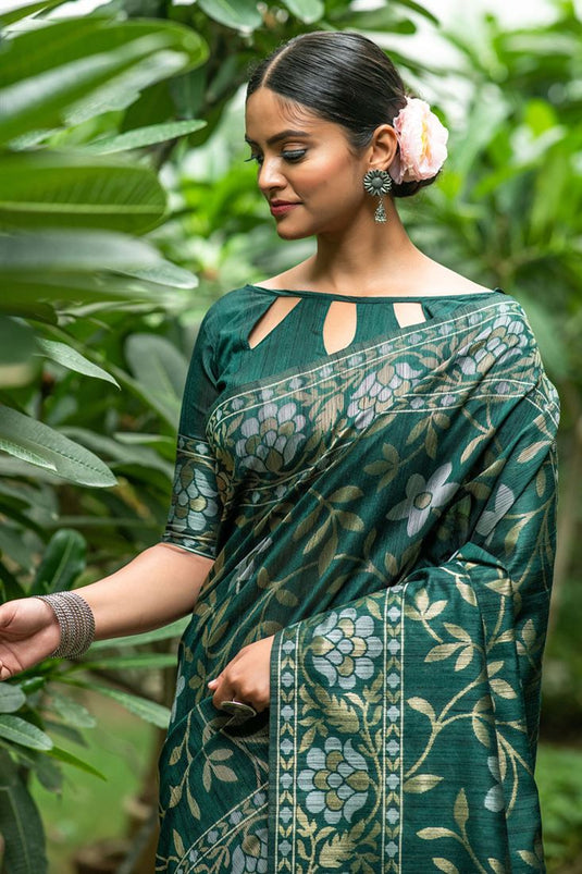 Tussar Silk Woven Saree In Green Colour