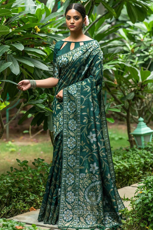 Tussar Silk Woven Saree In Green Colour