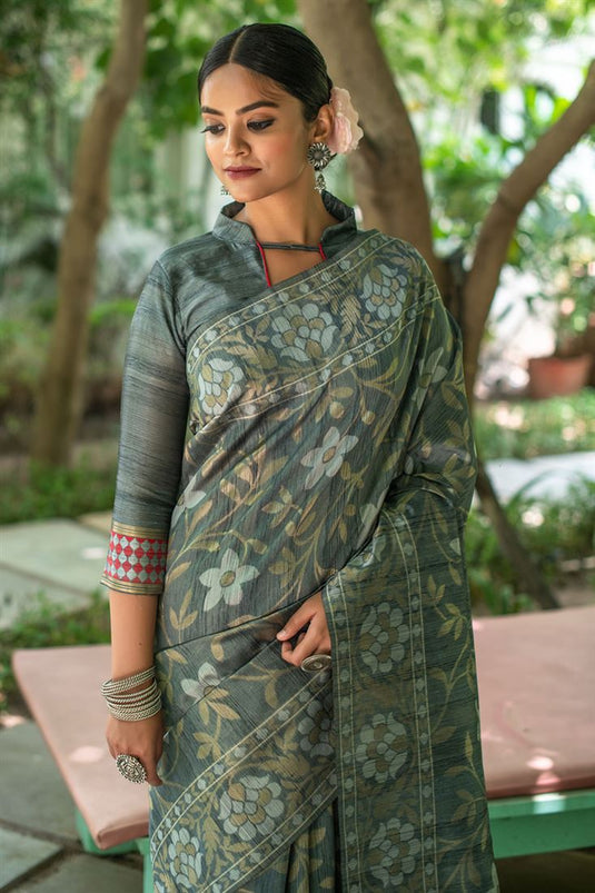 Tussar Silk Woven Saree In Grey Colour