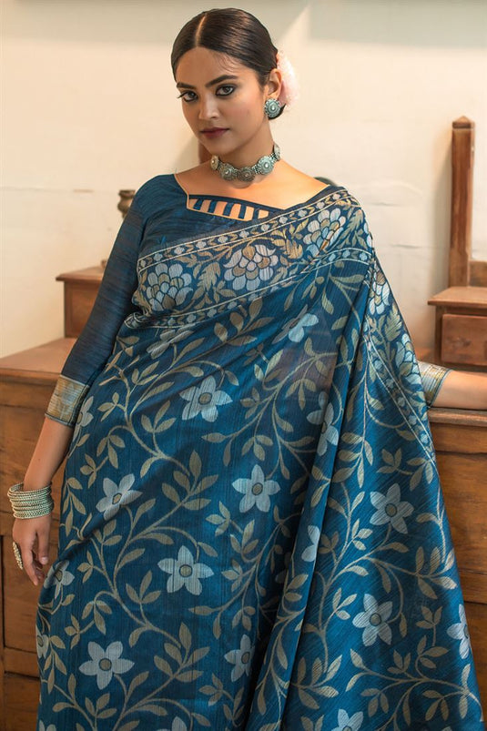 Tussar Silk Woven Saree In Blue Colour