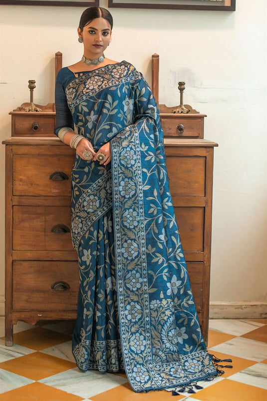 Tussar Silk Woven Saree In Blue Colour