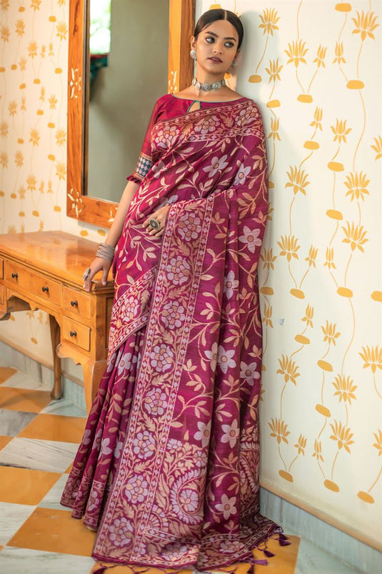 Tussar Silk Woven Saree In Wine Colour