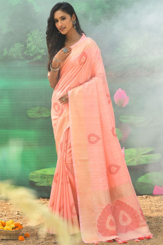 Peach Color Weaving Work Silk Designer Saree