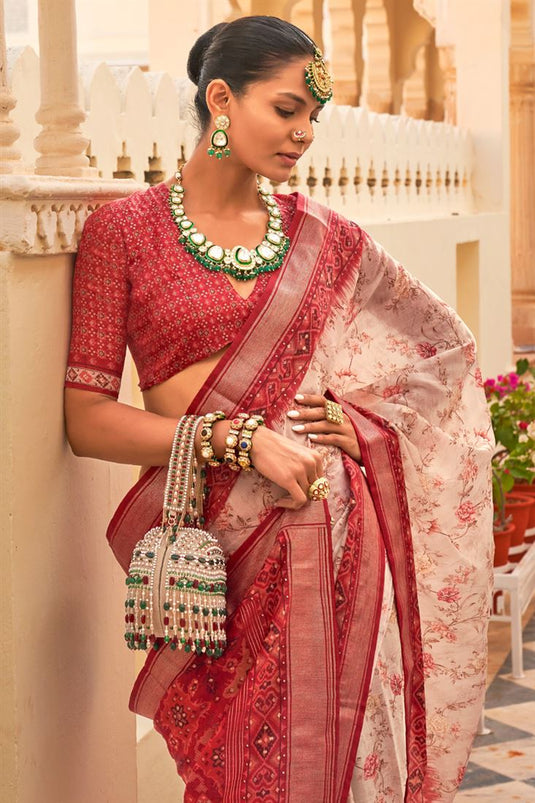 Floral Printed Function Wear Heavy Red Art Silk Saree