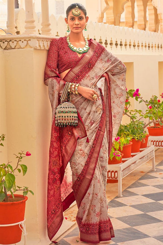 Floral Printed Function Wear Heavy Red Art Silk Saree