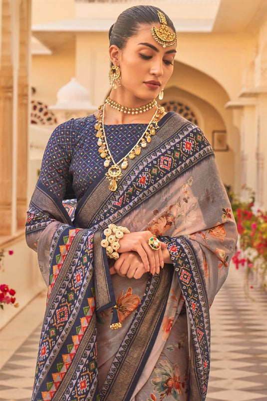 Floral Printed Function Wear Heavy Blue Art Silk Saree