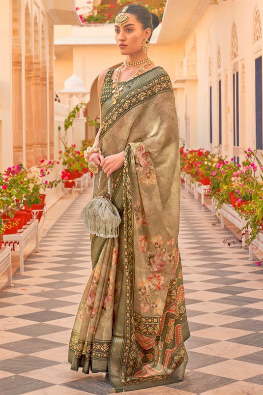 Floral Printed Function Wear Heavy Olive Color Art Silk Saree