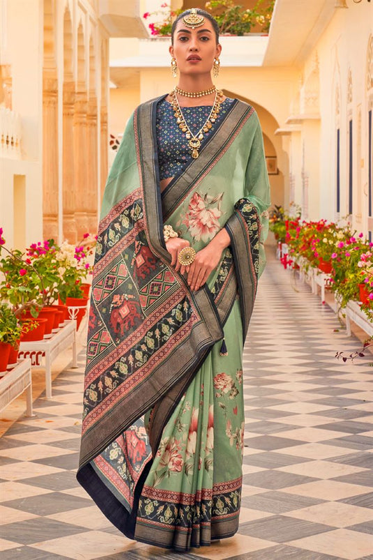 Floral Printed Function Wear Heavy Sea Green Art Silk Saree