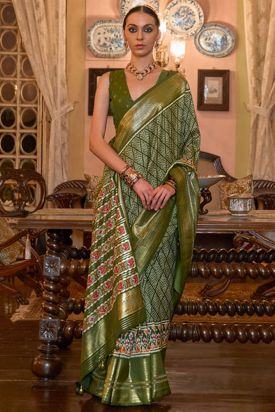 Fashionable Printed Patola Silk Mehendi Green Color Saree