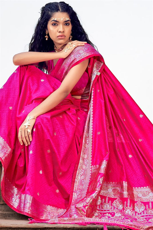 Stunning Glory Silk Saree in Bold Pink Color with Traditional Weaving Work