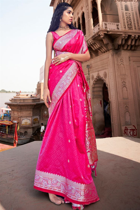 Stunning Glory Silk Saree in Bold Pink Color with Traditional Weaving Work