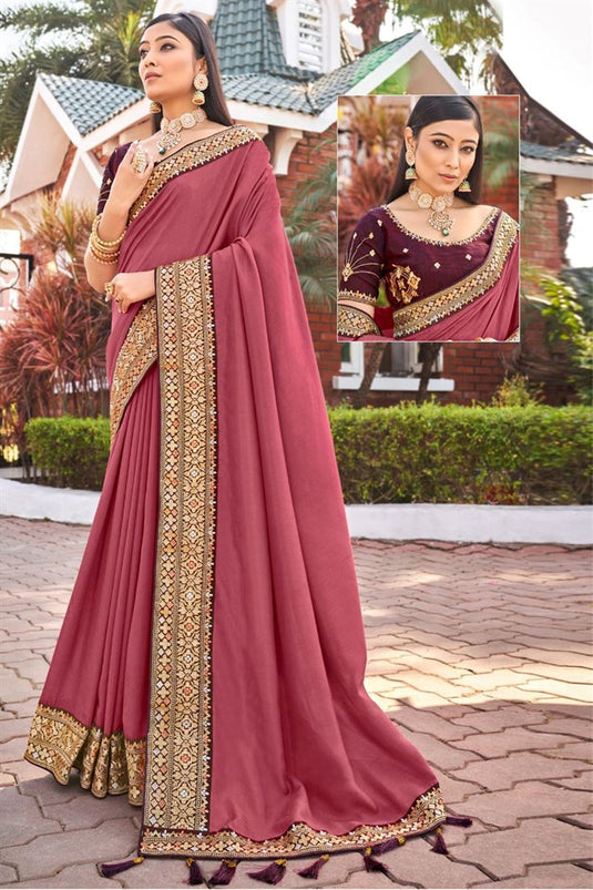 Vichitra Silk Peach Color Soothing Lace Border Work Saree