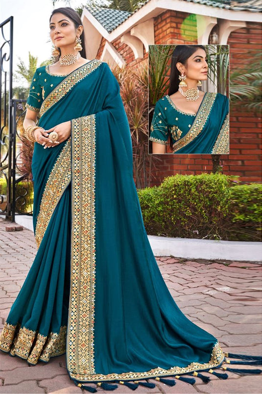 Teal Color Vichitra Silk Appealing Lace Border Work Saree