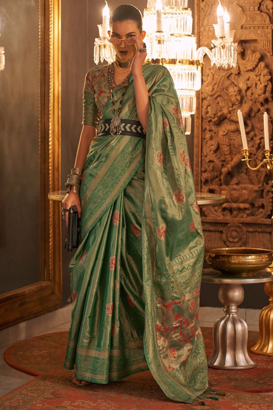 Green Color Fascinating Weaving Designs Silk Saree