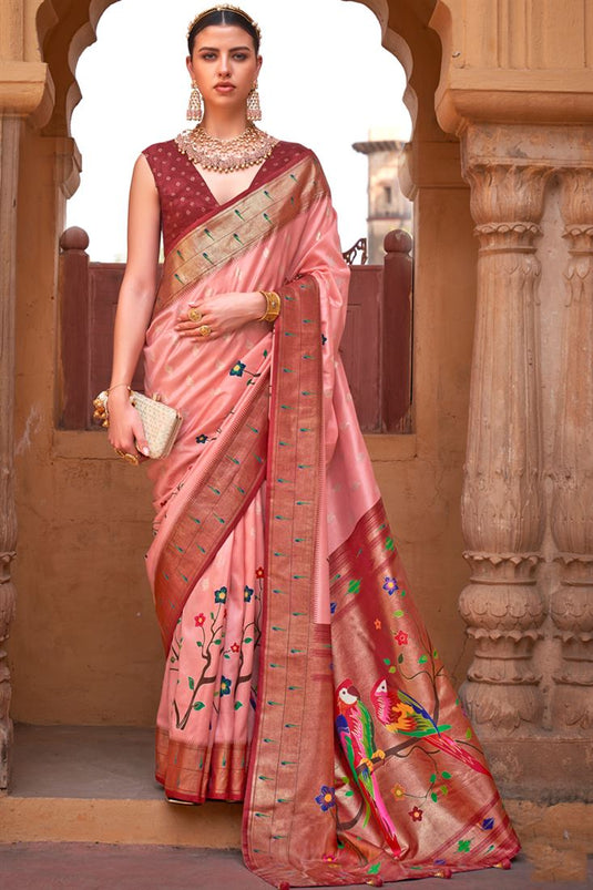 Beauteous Peach Color Printed Work Saree In Art Silk Fabric