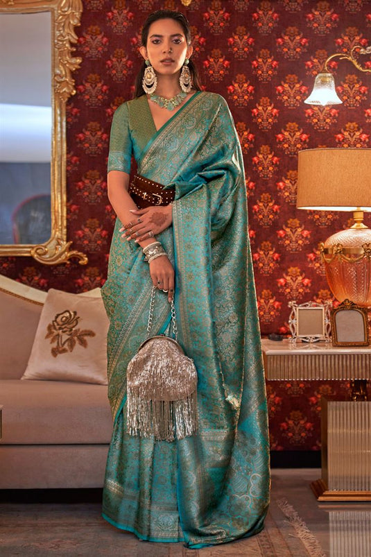 Fascinating Sangeet Wear Cyan Color Saree In Art Silk Fabric