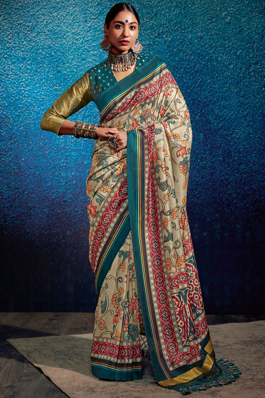 Beige Color Printed Stunning Tusser Silk Patola Saree