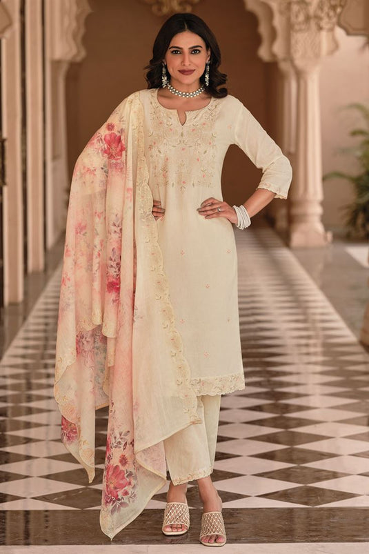 Ginni Kapoor Off White Color Cotton Engaging Embroidered Salwar Suit