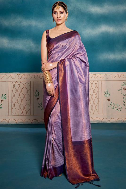 Radiant Weaving Work On Lavender Color Art Silk Fabric Festival Look Saree