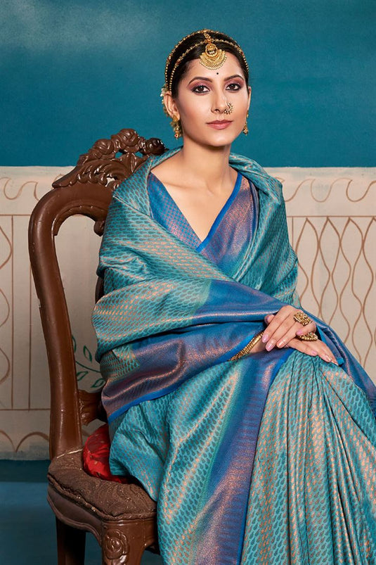 Beguiling Weaving Work On Cyan Color Art Silk Fabric Festival Look Saree