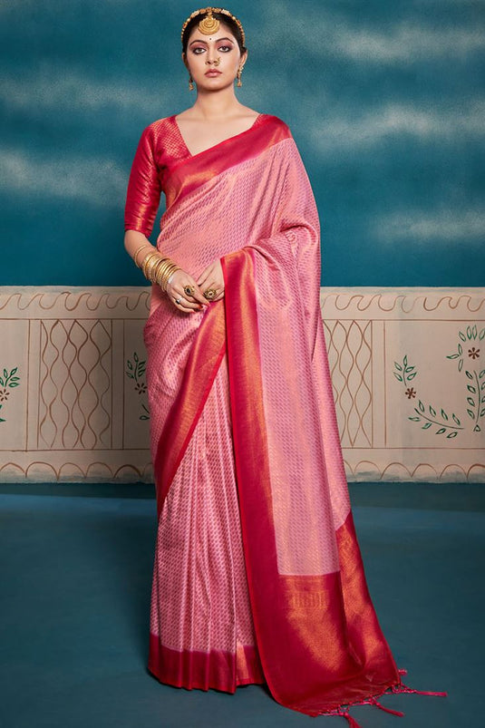 Incredible Weaving Work On Art Silk Fabric Peach Color Festival Look Saree