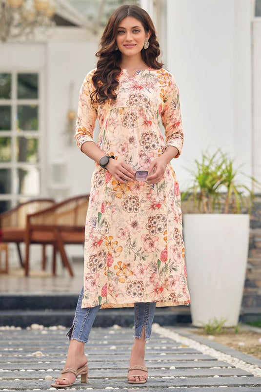 Linen Fabric Peach Color Printed Spectacular Kurti