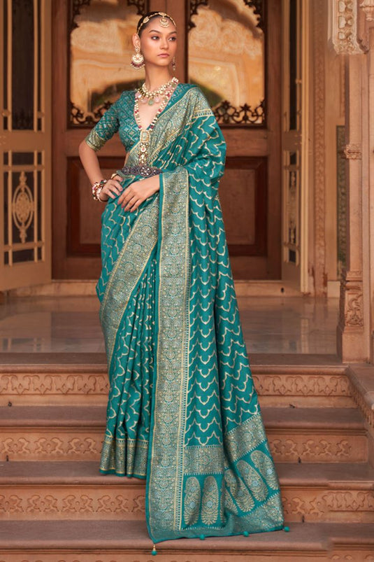 Art Silk Fabric Banarasi Style Saree In Teal Color