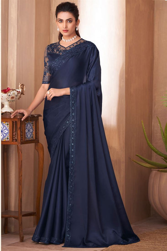 Navy Blue Color Art Silk Detailed Saree with Border Work For Festive Functions